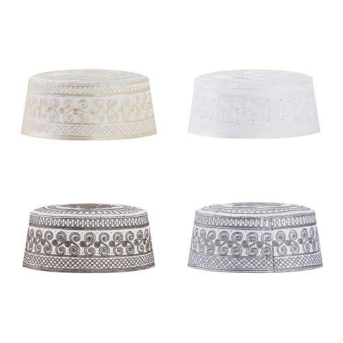 haozaikeji 4pcs Men's Muslim Prayer Kufi Hat Embroidered Islamic Prayer Cap Arabian Omani Turkish Praying Caps Eid Topi Hat - color: Gold+white+grey+brown