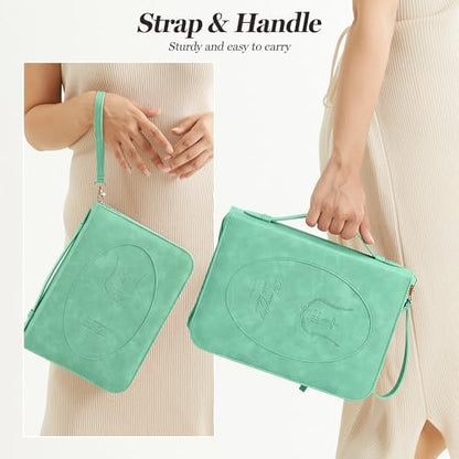 Leather Bible Cover for Women, Zippered Floral Case with Handle, Green | Bible Study, Church, Journaling & Travel - color: Sage Green