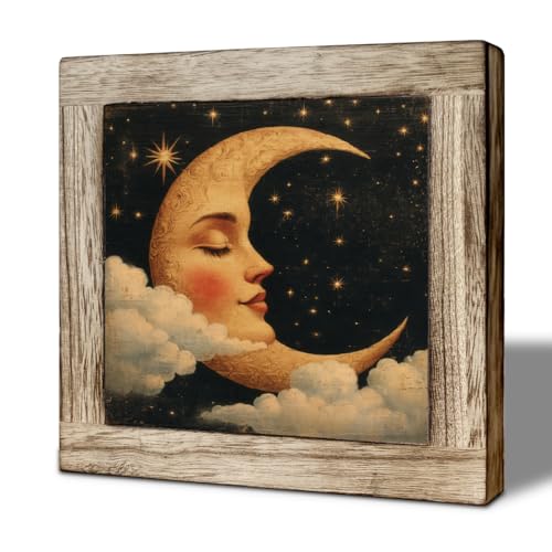 Vintage Celestial Moon Face Wooden Tabletop Sign, Crescent Moon Starry Sky Wood Plaque Decor, Dark Academia Rustic Desktop Decor for Bedroom Living Room Office Shelf - color: color40