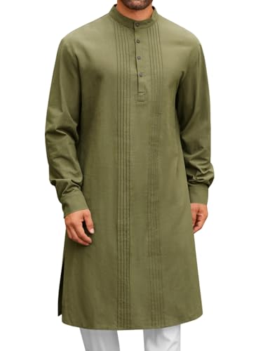 Runcati Mens Kaftan Robe Button Down Long Sleeve Cotton Linen Thobe Casual Muslim Gown Henley Shirt - color: Army Green, size: Medium