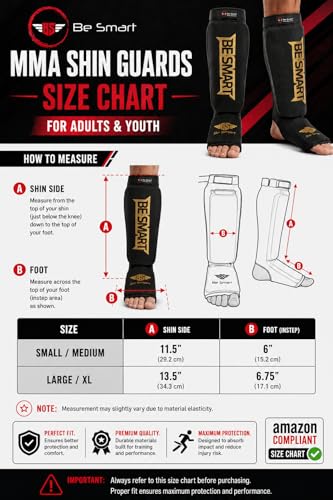 Be Smart MMA Shin Guards for Kickboxing, Muay Thai & Martial Arts – Padded Instep Protection, Lightweight Cotton Elastic Shin Pads – Adult & Youth Training Gear - color: Black/Gold, size: Large-X-Large