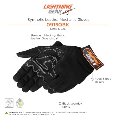 Liberty Safety 0915QBK OnyxWarrior Synthetic Mechanic Gloves | Hook & Loop Closure, G-Patch Palm, Durable Fit, Black Spandex| for Automotive, Construction, Maintenance, DIY (Pack of 1)