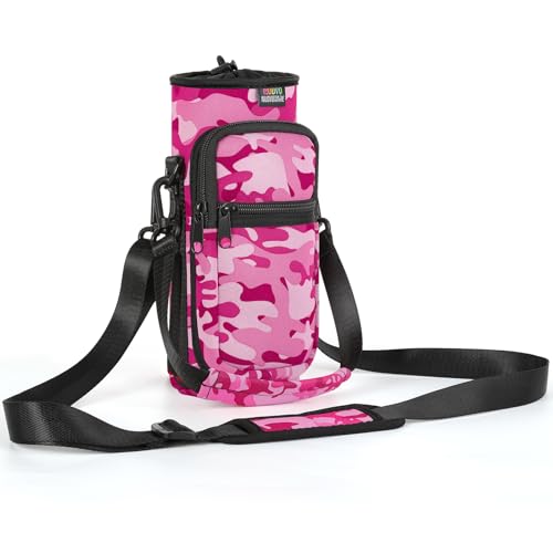 Nuovoware Water Bottle Carrier Bag, 25oz/32oz, Camouflage Pink | Adjustable Shoulder Hand Strap, 2 Pocket, Neoprene Sleeve, For Hiking Travelling Camping - color: Camouflage Pink, size: 25-32 Ounces - Standard