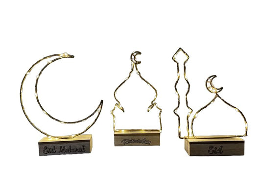 3X Piece Eid Ramadan Crescent Moon and Mosque Lights - Ramadan Festival Hanging Lighted Decorations for Home Luxury Eid Al-Fitr Lights Set Display Ornament Masjid Gifting