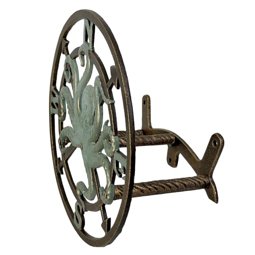 Zeckos Garden Hose Holder Octopus Compass 12 Inch Cast Iron Bronze | Verde Patina Detail, Nautical Compass Rose Motif, 5.5 Inch Deep, Matching Screws - color: Octopus Compass - Bronze