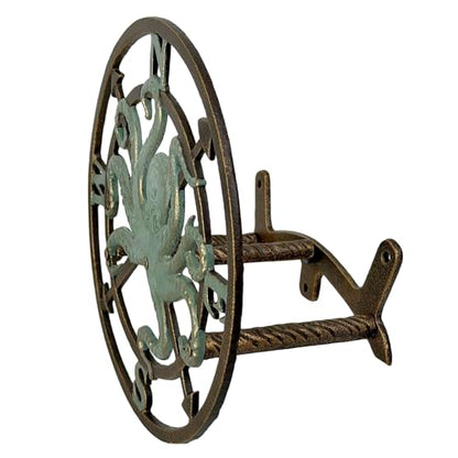 Zeckos Garden Hose Holder Octopus Compass 12 Inch Cast Iron Bronze | Verde Patina Detail, Nautical Compass Rose Motif, 5.5 Inch Deep, Matching Screws - color: Octopus Compass - Bronze