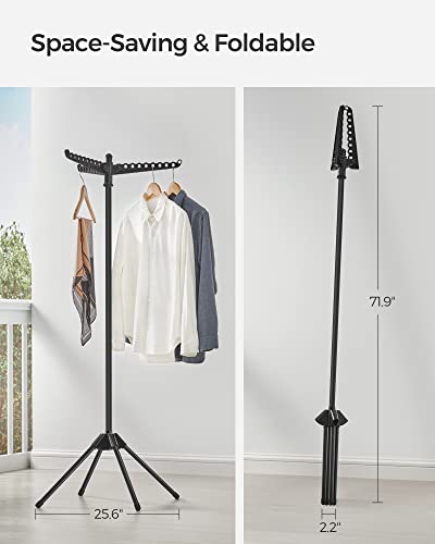 SONGMICS 의류 건조대, 149.9cm(59인치) 접이식 세탁 건조대, 행거용 회전 가능한 팔 3개, 다리 4개, 스테인리스 스틸, 옷 27피스용, 블랙 ULLR510B01 - color: 블랙., style: 1단