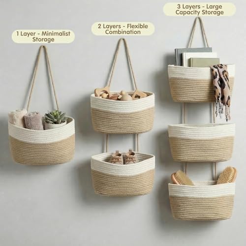 3-Tier Woven Cotton Rope Hanging Basket, Over the Door Organizer, Adjustable Detachable Wall Basket with Metal & Adhesive Hooks, No Drilling for Living Room, Nursery and Boho Bedroom Decor - style: White&Jute