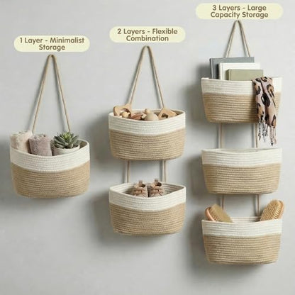 3-Tier Woven Cotton Rope Hanging Basket, Over the Door Organizer, Adjustable Detachable Wall Basket with Metal & Adhesive Hooks, No Drilling for Living Room, Nursery and Boho Bedroom Decor - style: White&Jute