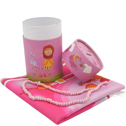 Modefa Turkish Islamic Child Prayer Rug Gift Set - Thin Praying Carpet for Boys and Girls - Muslim Digital Print Kids Prayer Mat Gift Ramadan or Eid with Tesbih Prayer Beads - Pink