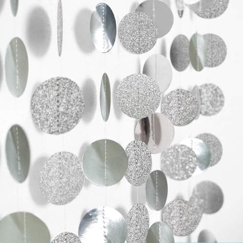 Cheerland Silver Party Decorations Circle Garlands Silver Birthday Decorations Banner Hanging Streamer Backdrop Decor Bday Bridal Bachelorette EID Graduation Christmas NYE New Year Eve Party Supplies - color: Glitter Silver