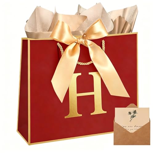 Topaliving Personalized Gift Bag with Card and Tissue Paper, 26 Letters Birthday Gift Bag 13'' Custom Valentines Weddings Present with Initials/Numbers for Women Men Kids (Red,H) - color: Red, size: H