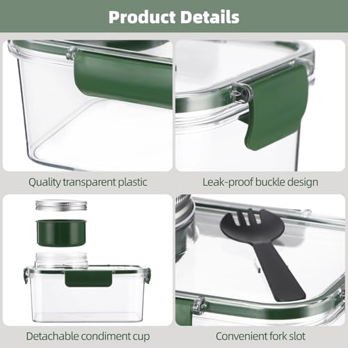 Portable Salad Container, Leakproof Salad Pod with Dressing Cup & Fork, Separate Food Compartments, Plastic Meal Prep Box, Dishwasher Safe, Ideal for Office, Travel, Picnic & Gatherings (Green)