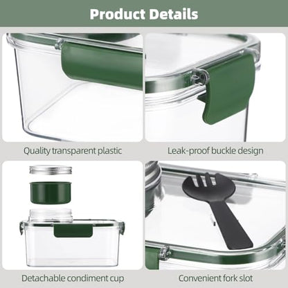 Portable Salad Container, Leakproof Salad Pod with Dressing Cup & Fork, Separate Food Compartments, Plastic Meal Prep Box, Dishwasher Safe, Ideal for Office, Travel, Picnic & Gatherings (Green)