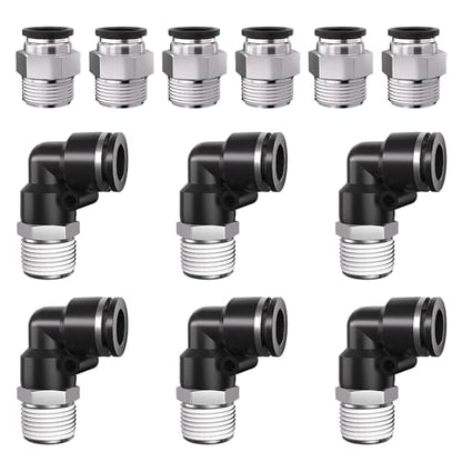 1/2" Tube OD to 3/8" NPT Thread Push to Connect Fittings,Pneumatic Quick Air Hose Fittings,Male Straight + Elbow,PC+PL(12pcs) - color: Black PC+PL, size: 1/2"OD x 3/8"NPT