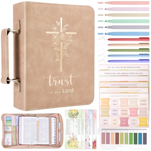 XKDOUS Bible Cover for Women Leather Bible Bag Large Book Carrying Case Kit - color: Khaki & Golden Cross