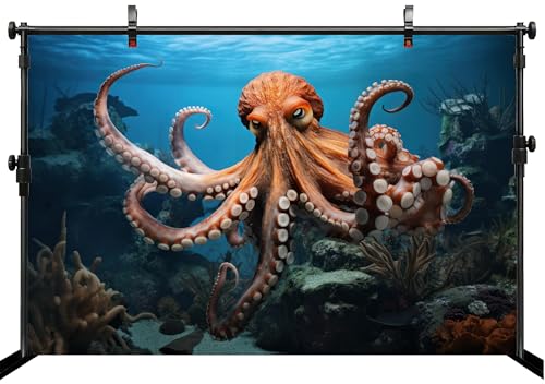 7x5ft Octopus Backdrop Underwater Coral Reef Blue Ocean Background for Marine Themed Party Birthday Aquarium Event Halloween Decor Photo Studio Booth Props Banner Wallpapers - size: 7x5FT