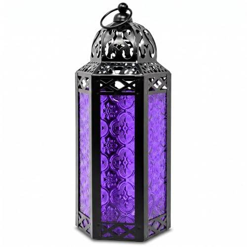 Vela Lanterns Decorative Indoor Moroccan Gothic Candle Holder, Purple, M | Whimsigoth Witch Room Decor, Hanging Lamp, Bedroom Table Centerpiece, Halloween Lantern, Iron Metal, 10.5" Tall - color: Black/Purple, size: Medium