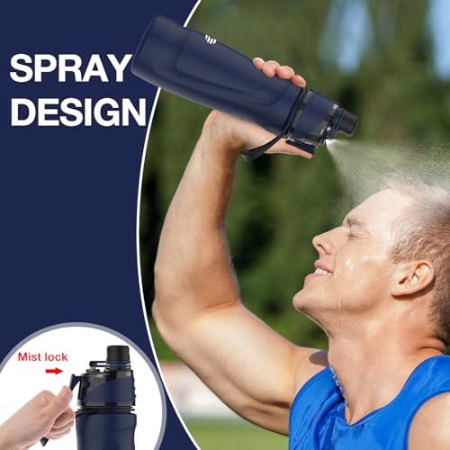 Misting Water Bottle, 24oz Insulated Water Bottle, 2-in-1 Mist & Sip Stainless Steel Water Bottles, Sports Water Bottle for Hiking, Running, Gym - color: Navy Blue