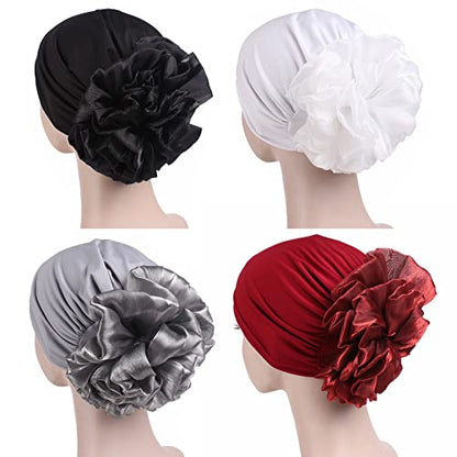 Women Flower Elastic Turban Beanie Head Scarf wrap Chemo Cap hat for Cancer Patient - color: Black White Gray Red
