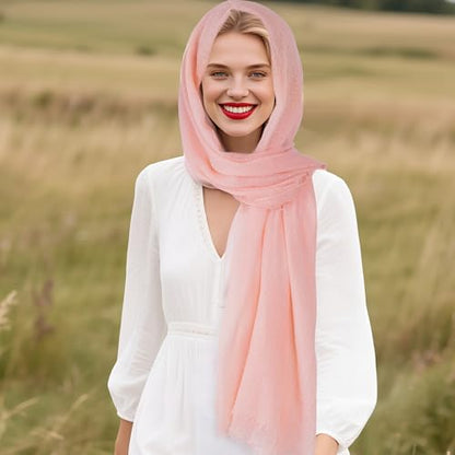 Nydotd Women Summer Cotton Linen Scarf Crinkle Long Beach Shawl Wrap hijab with Fringe - color: Light Pink