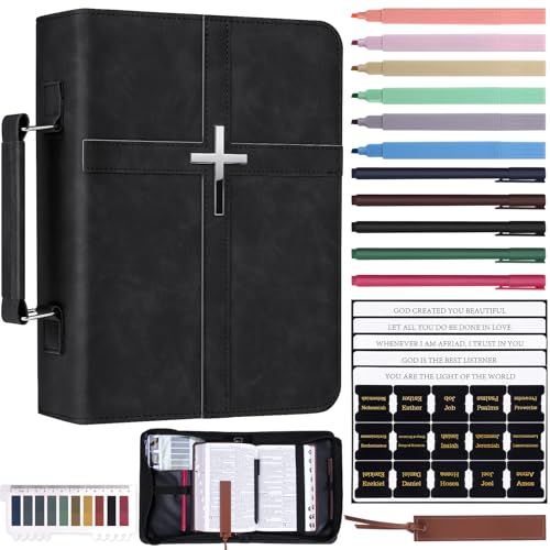 XKDOUS Bible Cover for Women Leather Bible Bag Large Book Carrying Case Kit - color: Black With Silver Cross