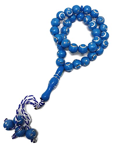 Muslim Bead Tasbih 33 Rosary AMN-277 Islam Prayer dhikr Misbaha with Moon Star Engraved on Islamic Religion Eid Ramadan Gift (Blue) - color: Blue