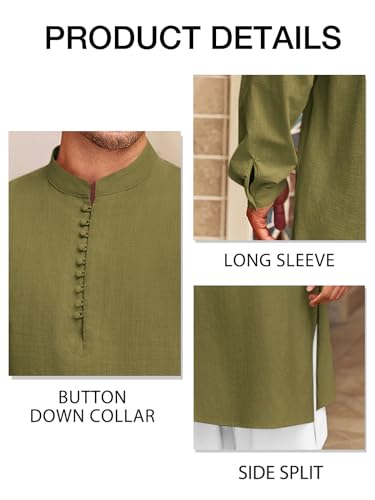 Runcati 남성용 Kaftan Thobe 버튼 다운 헨리 셔츠 로브 긴소매 캐주얼 면 리넨 무슬림 가운 셔츠 - color: 아미 그린., size: Large