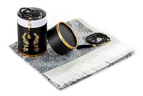 ihvan online Muslim Prayer Rug and Prayer Beads with Elegant Design Cylinder Gift Box, Janamaz, Soft Sajadah, Islamic Gifts Set, Portable Prayers Carpet Mat, Taffeta Fabric, Black - color: Black/Mod3