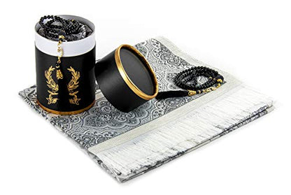 ihvan online Muslim Prayer Rug and Prayer Beads with Elegant Design Cylinder Gift Box, Janamaz, Soft Sajadah, Islamic Gifts Set, Portable Prayers Carpet Mat, Taffeta Fabric, Black - color: Black/Mod3
