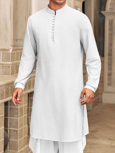 Runcati Mens Kaftan Thobe Button Down Henley Shirts Robe Long Sleeve Casual Cotton Linen Muslim Gown Shirt - color: White, size: Medium