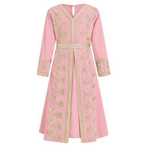 FYMNSI Kids Girls Muslim Abaya Dress Modest Lace Belted Prayer Dress Islamic Maxi Robe Kaftan Ramadan Arabian Dubai Clothes - color: Pink, size: 4-5T