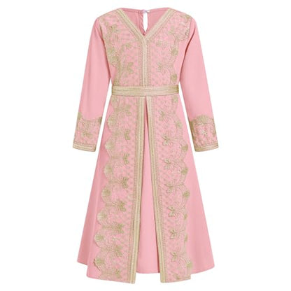 FYMNSI Kids Girls Muslim Abaya Dress Modest Lace Belted Prayer Dress Islamic Maxi Robe Kaftan Ramadan Arabian Dubai Clothes - color: Pink, size: 6-7 Years
