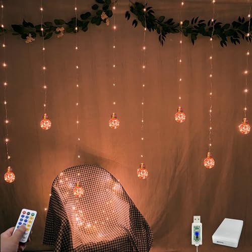 YOLIGHT Wishing Ball Curtain Lights 200 LED Window Curtain String Lights with Remote, USB Battery Powered Twinkle Globe Fairy Lights for Party Bedroom Christmas Halloween Decoration (Orange) - color: Orange