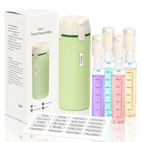 4 in 1 Travel Dispenser Bottle, Leakproof Travel Size Toiletries Holder, Refillable Portable Containers for Shampoo Lotion Conditioner Cream Transparent with Label (Green) - color: Green