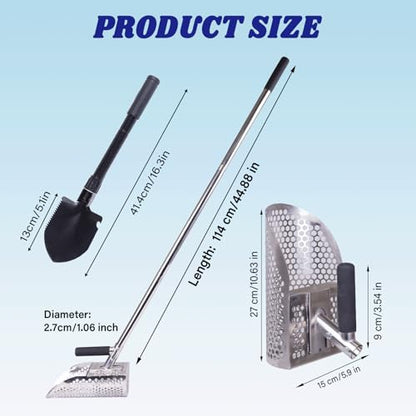 Sand Scoop for Metal Detecting, Heavy Duty Stainless Steel Sand Scoop with Long Handle,Includes 1* Folding Shovel,One Pair of Gloves