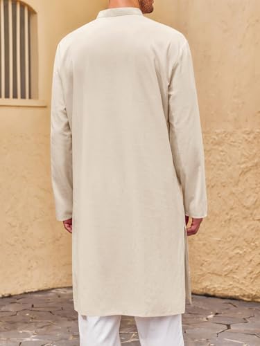 Runcati Mens Kaftan Thobe Button Down Henley Shirts Robe Long Sleeve Casual Cotton Pleated Muslim Gown Shirt - color: Beige, size: XX-Large