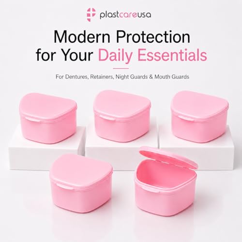 PlastCare USA Pink Denture Cases Pack of 5 - Dental Box For Artificial Teeth, Mouth Guard, Night Guard, Gum Shields, Retainer - Denture Bath Container for Women and Men - Travel Denture Cup - color: Pink