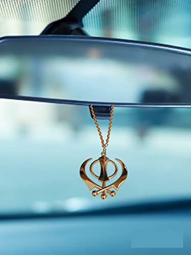 BEXCO Sikh Khanda Sahib Metal Car Hanging Rear View Mirror Show Piece - Complete with Chain (8 cm, Golden) - color: Golden, size: 8 cm