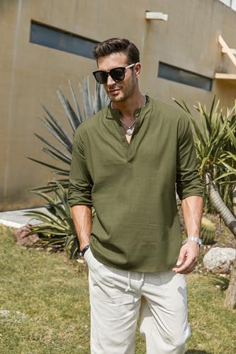 COOFANDY Men's Cotton Linen Henley T-Shirt Long Sleeve Hippie Casual Beach T-Shirts - color: Army Green, size: Large