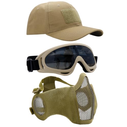 Airsoft Mask with Goggles, Foldable Half Face Airsoft Mesh Mask with Ear Protection for Paintball Shooting Cosplay CS Game - color: T, size: 3pcs