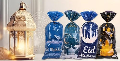 Hying 100 PCS Eid Mubarak Cellophane Bags with Twist Ties for Gift, Muslim Ramadan Cello Bag Eid Mubarak Castle Candy Bags Festival Moon Star Treat Bags for Cookie Candy Goodies Wrapping Supplies - color: Style 2: Eid Bags