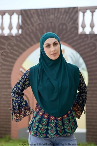SARJANA Women's Solid Color Cotton Hijab with Under Scarf Cap Ready to Wear Stretch Scarves Long Scarfs FREE SIZE - color: Teal