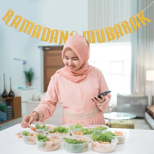 Ramadan Mubarak Banner - Happy Eid Decor, Ramadan Decorations for Home Umrah Mubarak Decorations Eid Festival Party Decorations Gold Glitter