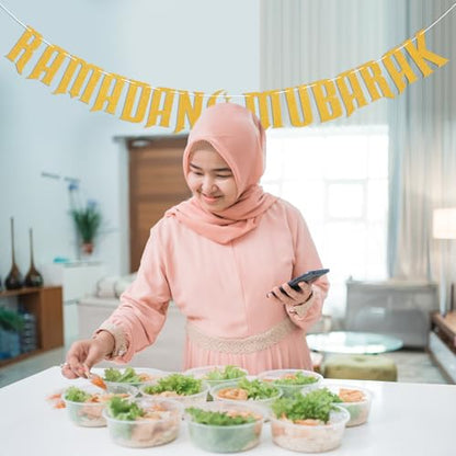 Ramadan Mubarak Banner - Happy Eid Decor, Ramadan Decorations for Home Umrah Mubarak Decorations Eid Festival Party Decorations Gold Glitter