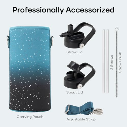 BUZIO 32 oz Water Bottle Insulated, Leakproof Stainless Steel Flask (Cold for 48 Hrs), Wide Mouth BPA-Free Metal Thermo Hydro Canteen with 2 Lids, Dappled Navy Black - color: Dappled Navy Black, size: 32 Ounces