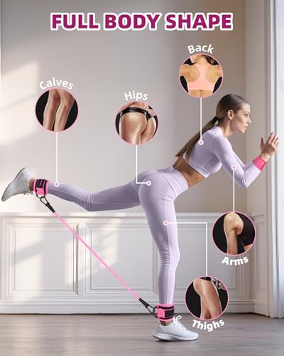 Resistance Bands Set – Resistance Band and Adjustable Ankle Exercise Bands with Cuffs Great Equipment for Training, Working Out, Yoga,Home Gym with Training Guidance & Carry Bag,Set of 8 - color: Pink