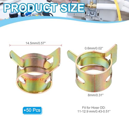PATIKIL Spring Band Hose Pipe Clamps for 11-12.9 mm OD Hose, 50 Pack Silicone Vacuum Constant Tension Band Clips for Fuel Line Silicone Air Hose Tube Water Pipe, Gold - size: 11-12.9 mm