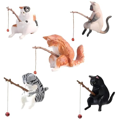 Cute Cat Figures Aquarium Miniature Decoration with Fishing and Lying Down Model Statue for Fish Tank Decorations and Ornament (5 Pcs New Fishing Cats) - color: 5 Pcs New Fishing Cats