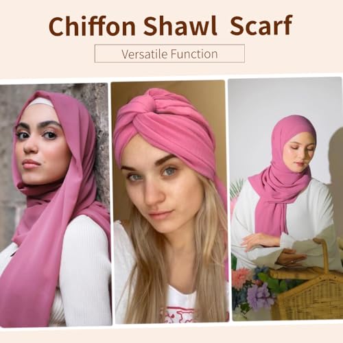 Chiffon Scarf for Women Lightweight Breathable Sunscreen Soft Solid Hijab Scarf for Daily & Muslim Wear - color: Rose Pink Chiffon Scarf